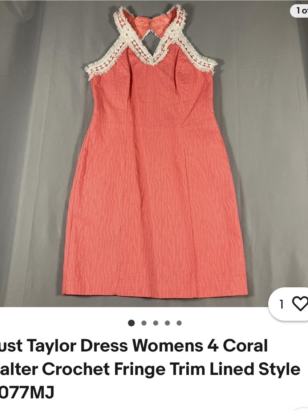 Just Taylor  Coral One-Shoulder Dress with White Crochet Trim